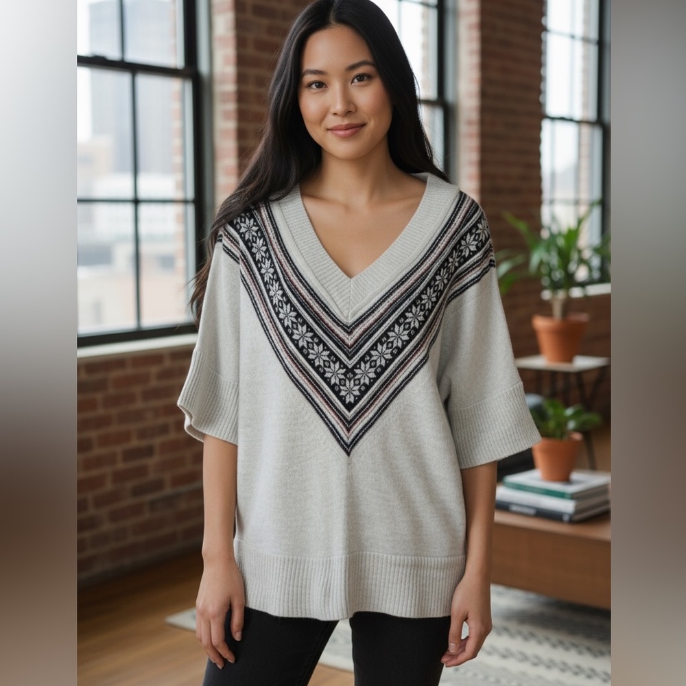 Another Flirt V-neck Fair Isle Short Sleeve Knit Top Size XL
